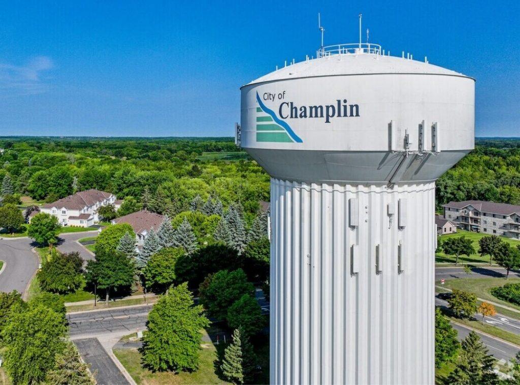 Champlin, MN water tower on a sunny day